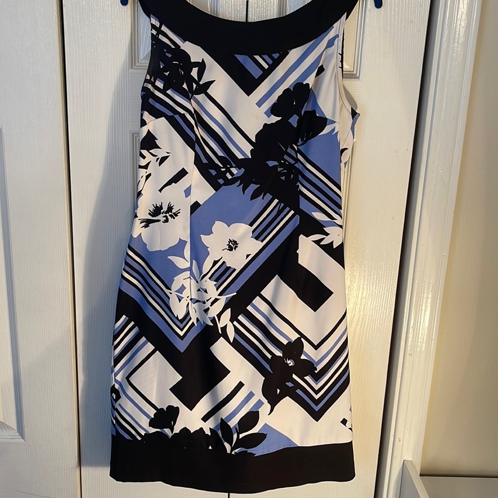 Blue, white, and black dress with floral print